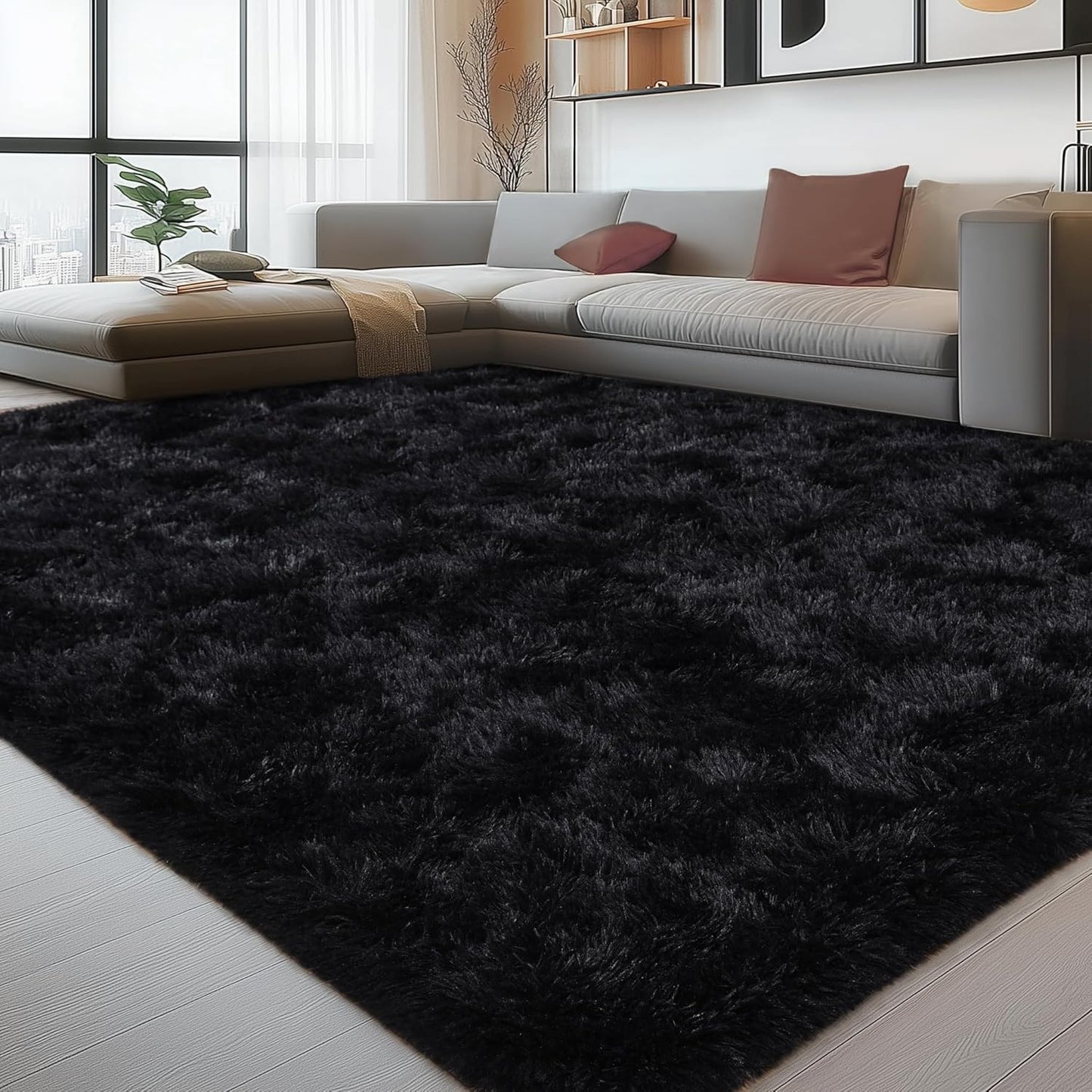 5X7 Rug for Living Room, Fluffy Plush Large Black Area Rugs, Fuzzy Big Shaggy Carpet for Bedroom, Non Slip Furry Shag Carpets for Kids Room Nursery Dorm Home Decor Aesthetic