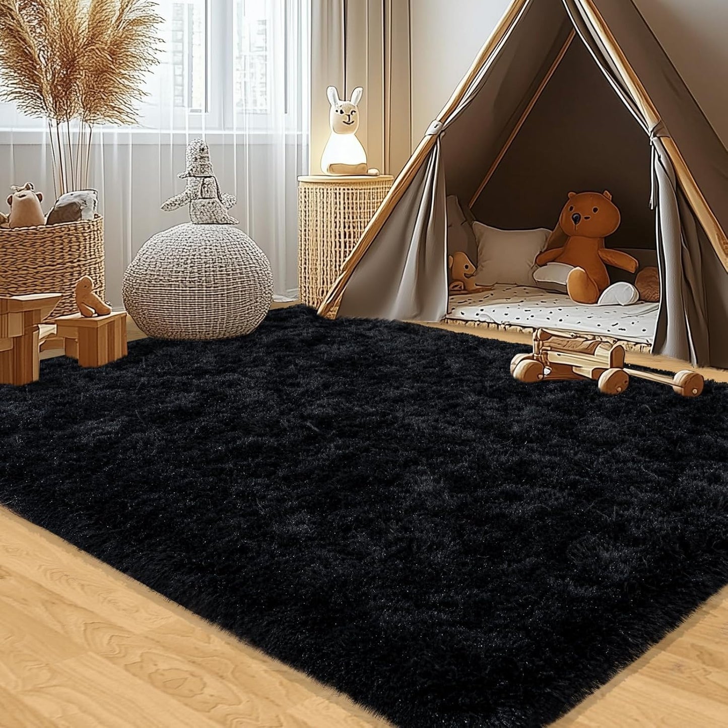 5X7 Rug for Living Room, Fluffy Plush Large Black Area Rugs, Fuzzy Big Shaggy Carpet for Bedroom, Non Slip Furry Shag Carpets for Kids Room Nursery Dorm Home Decor Aesthetic