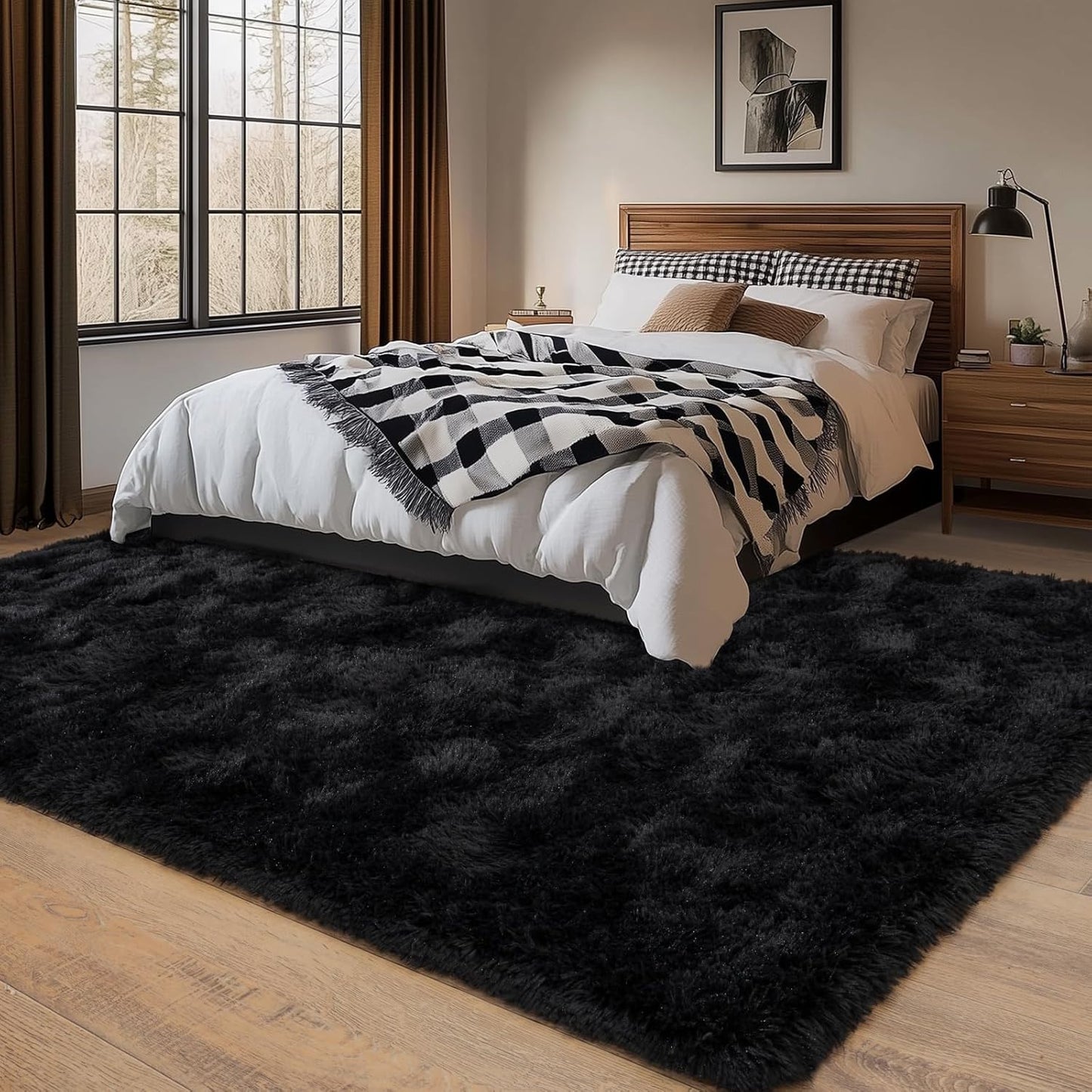 5X7 Rug for Living Room, Fluffy Plush Large Black Area Rugs, Fuzzy Big Shaggy Carpet for Bedroom, Non Slip Furry Shag Carpets for Kids Room Nursery Dorm Home Decor Aesthetic