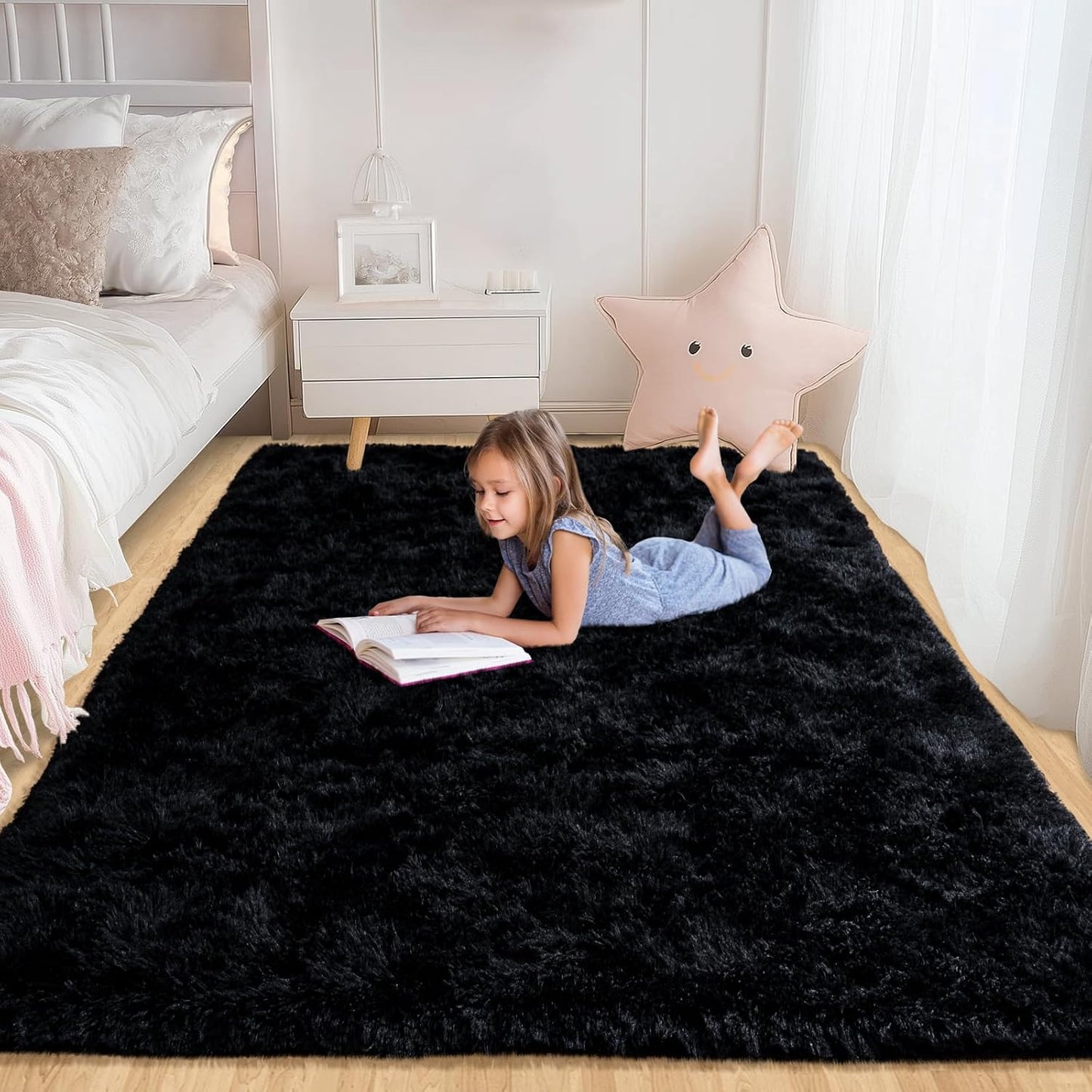 5X7 Rug for Living Room, Fluffy Plush Large Black Area Rugs, Fuzzy Big Shaggy Carpet for Bedroom, Non Slip Furry Shag Carpets for Kids Room Nursery Dorm Home Decor Aesthetic