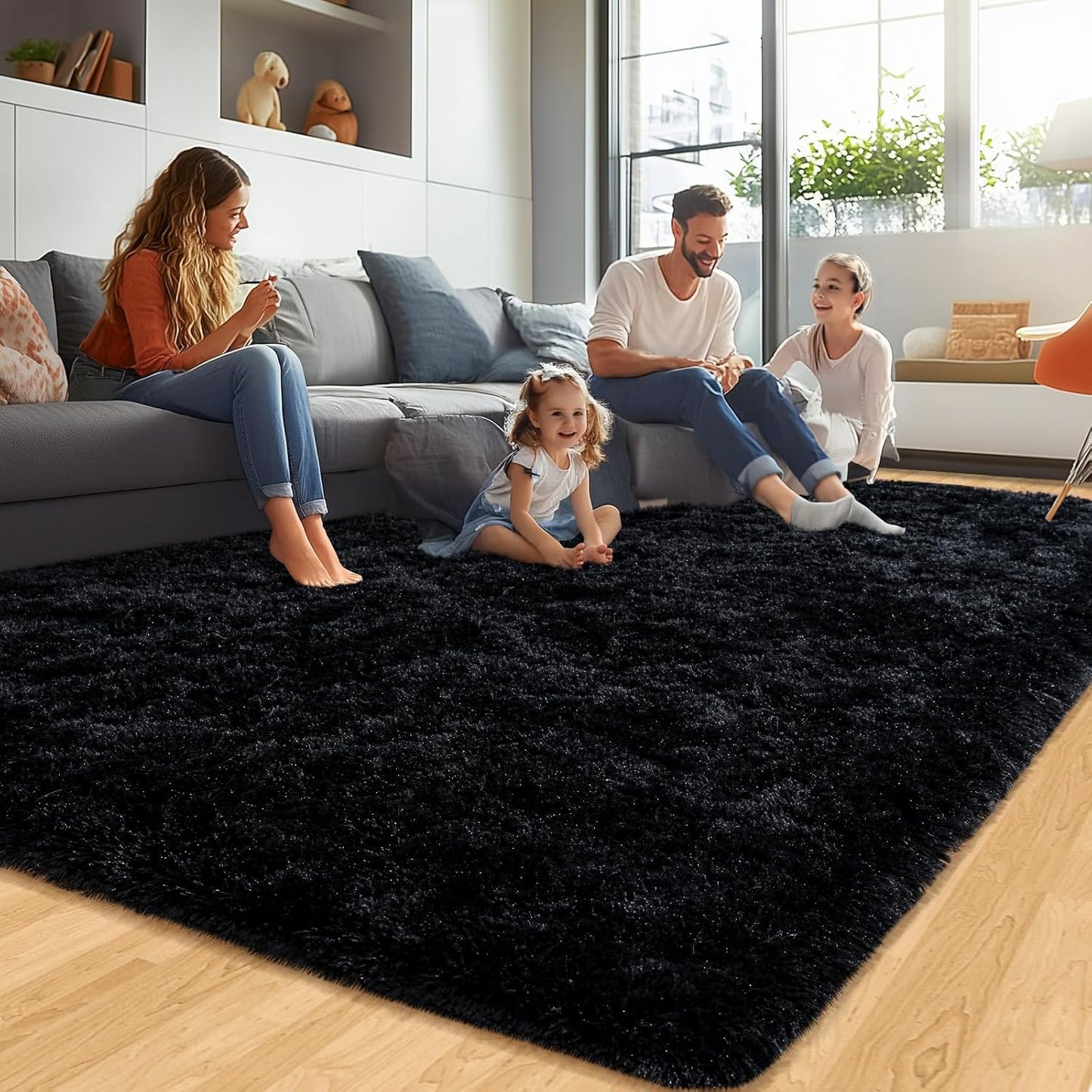 5X7 Rug for Living Room, Fluffy Plush Large Black Area Rugs, Fuzzy Big Shaggy Carpet for Bedroom, Non Slip Furry Shag Carpets for Kids Room Nursery Dorm Home Decor Aesthetic