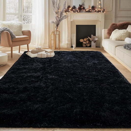 5X7 Rug for Living Room, Fluffy Plush Large Black Area Rugs, Fuzzy Big Shaggy Carpet for Bedroom, Non Slip Furry Shag Carpets for Kids Room Nursery Dorm Home Decor Aesthetic