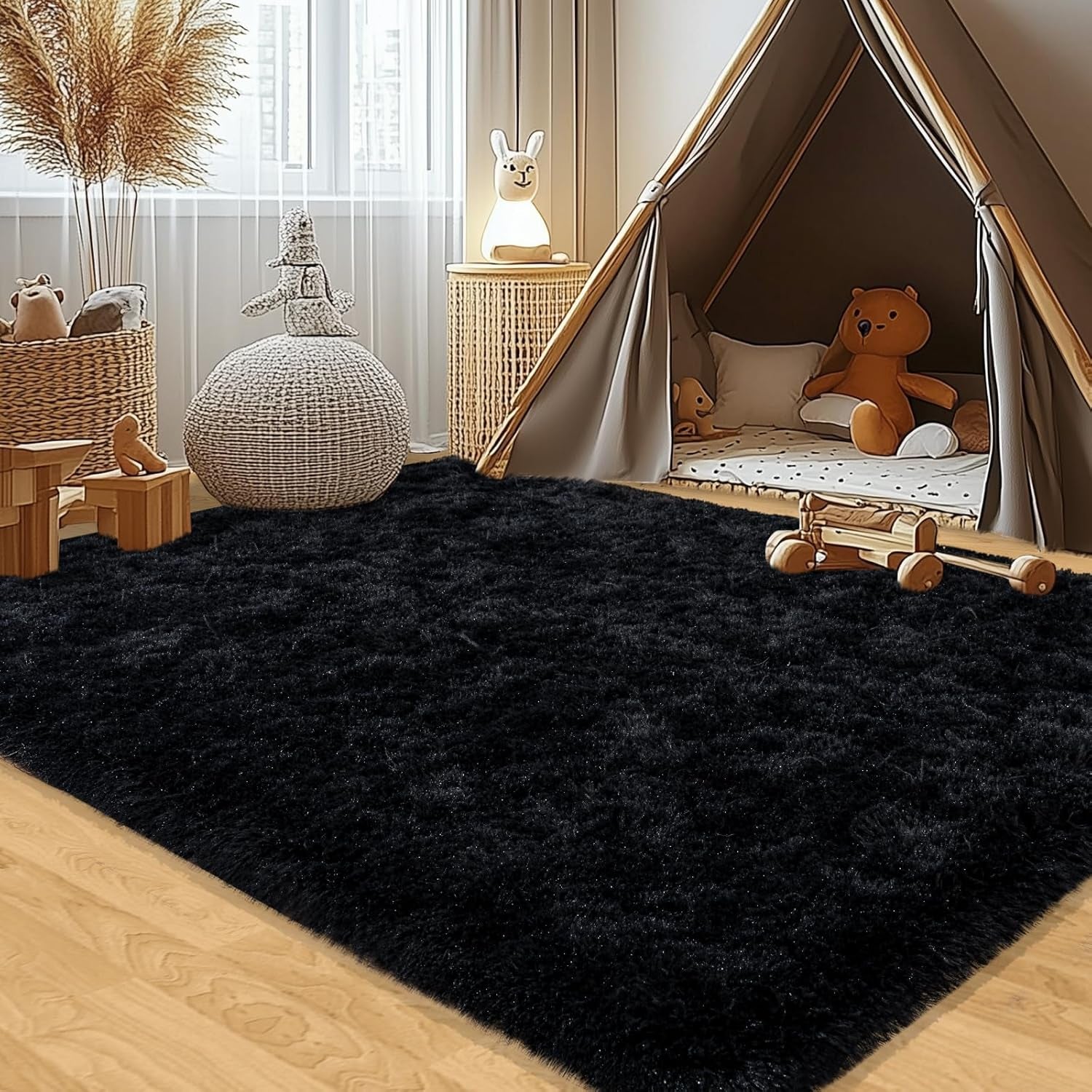 5X7 Rug for Living Room, Fluffy Plush Large Black Area Rugs, Fuzzy Big Shaggy Carpet for Bedroom, Non Slip Furry Shag Carpets for Kids Room Nursery Dorm Home Decor Aesthetic